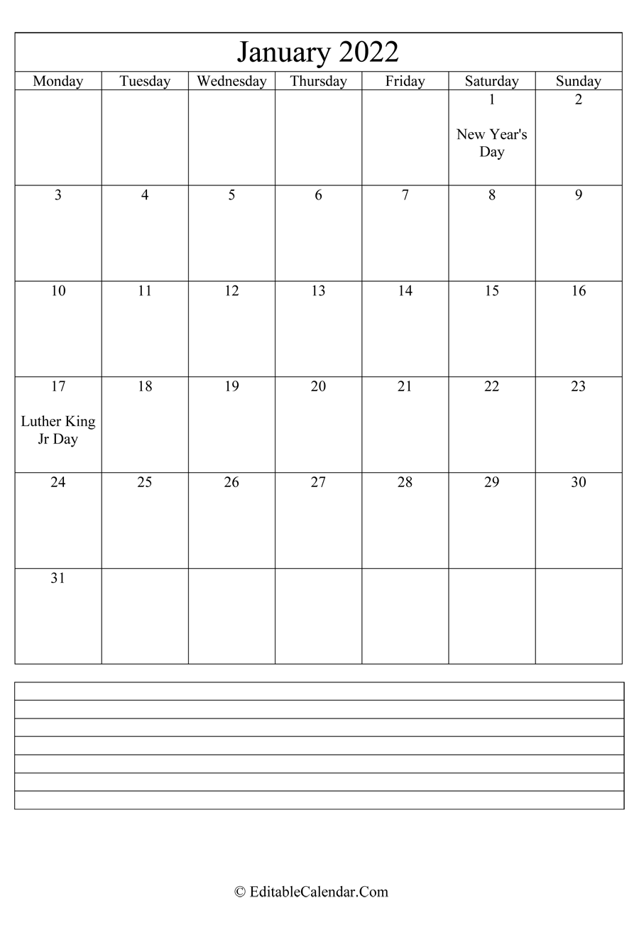 Download 2022 Calendar January With Holidays And Notes Portrait PDF Version 
