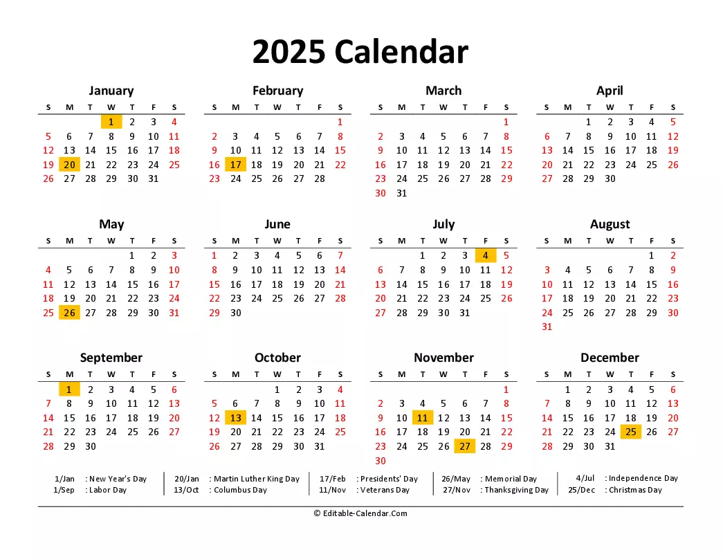 2025 Printable Calendar With Holidays Usa