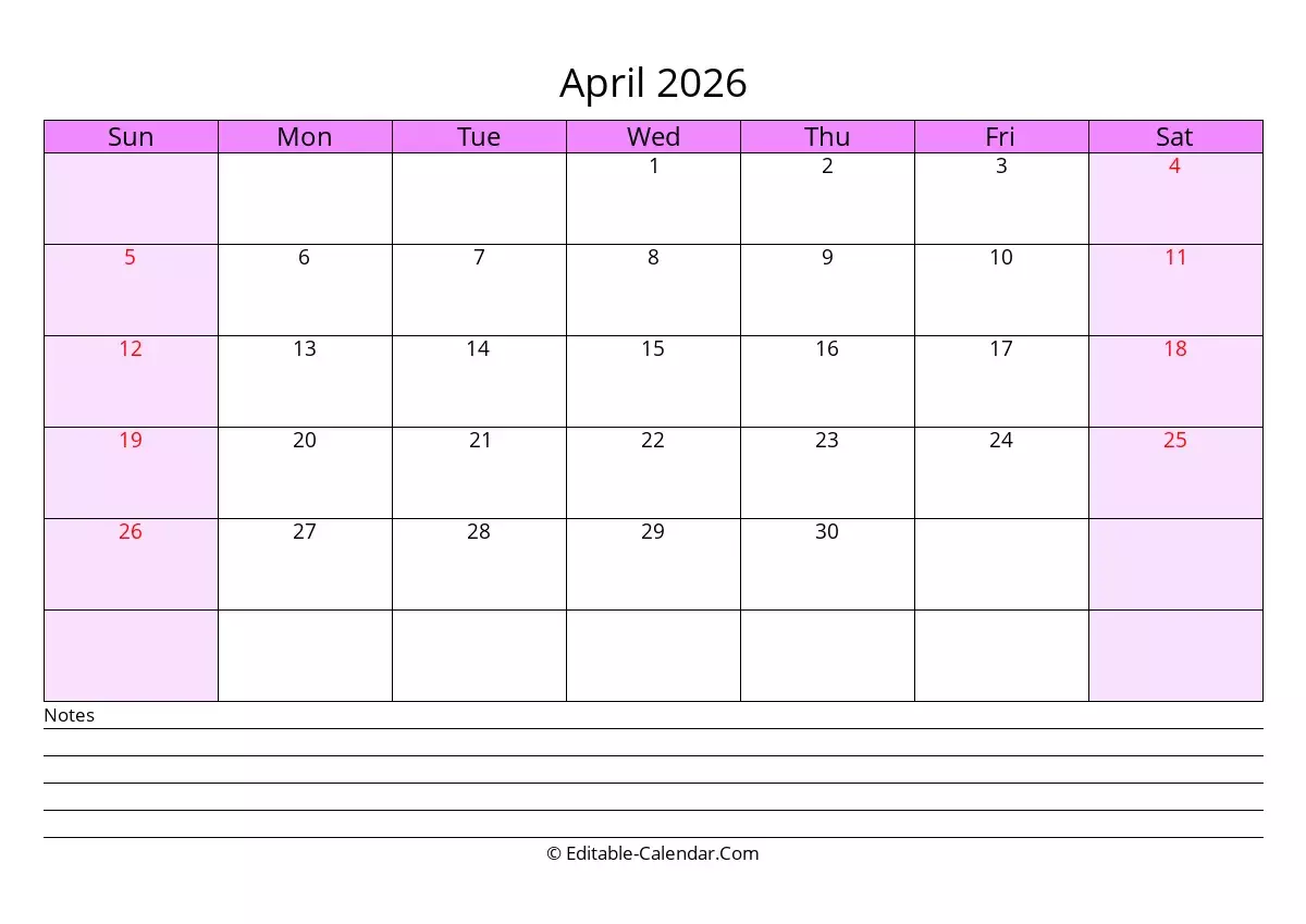 Free Printable Calendar 2026 April