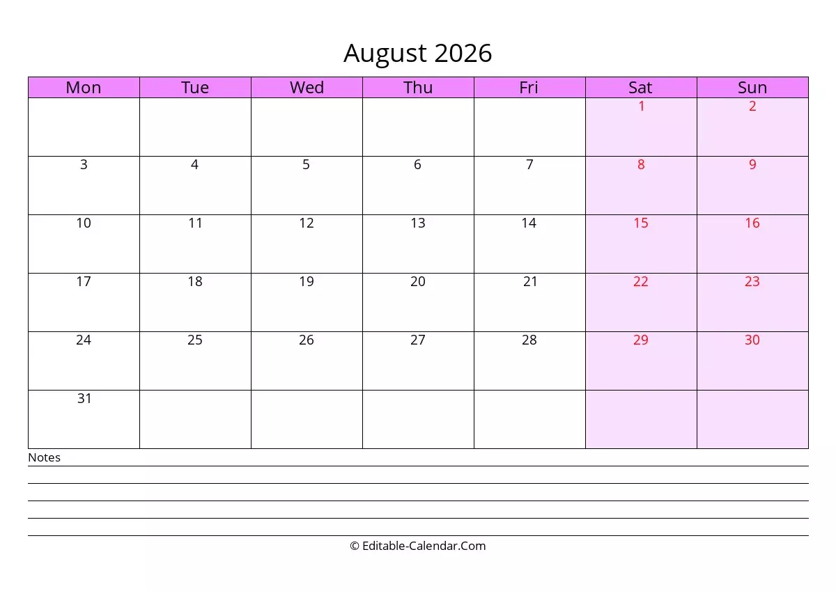 Download Free Editable Calendar August 2026 With Notes Monday Start