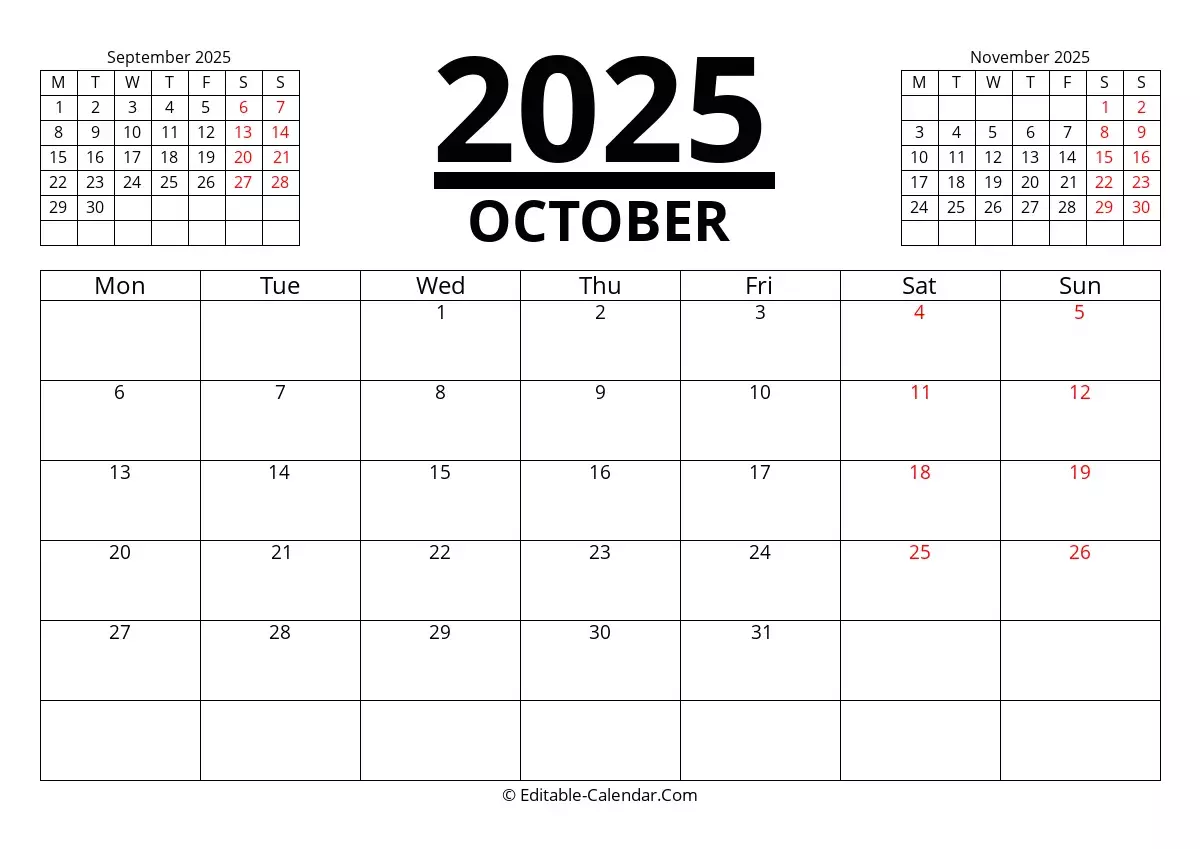 Download October 2025 Printable Calendar With Previous And Next Month Monday Start