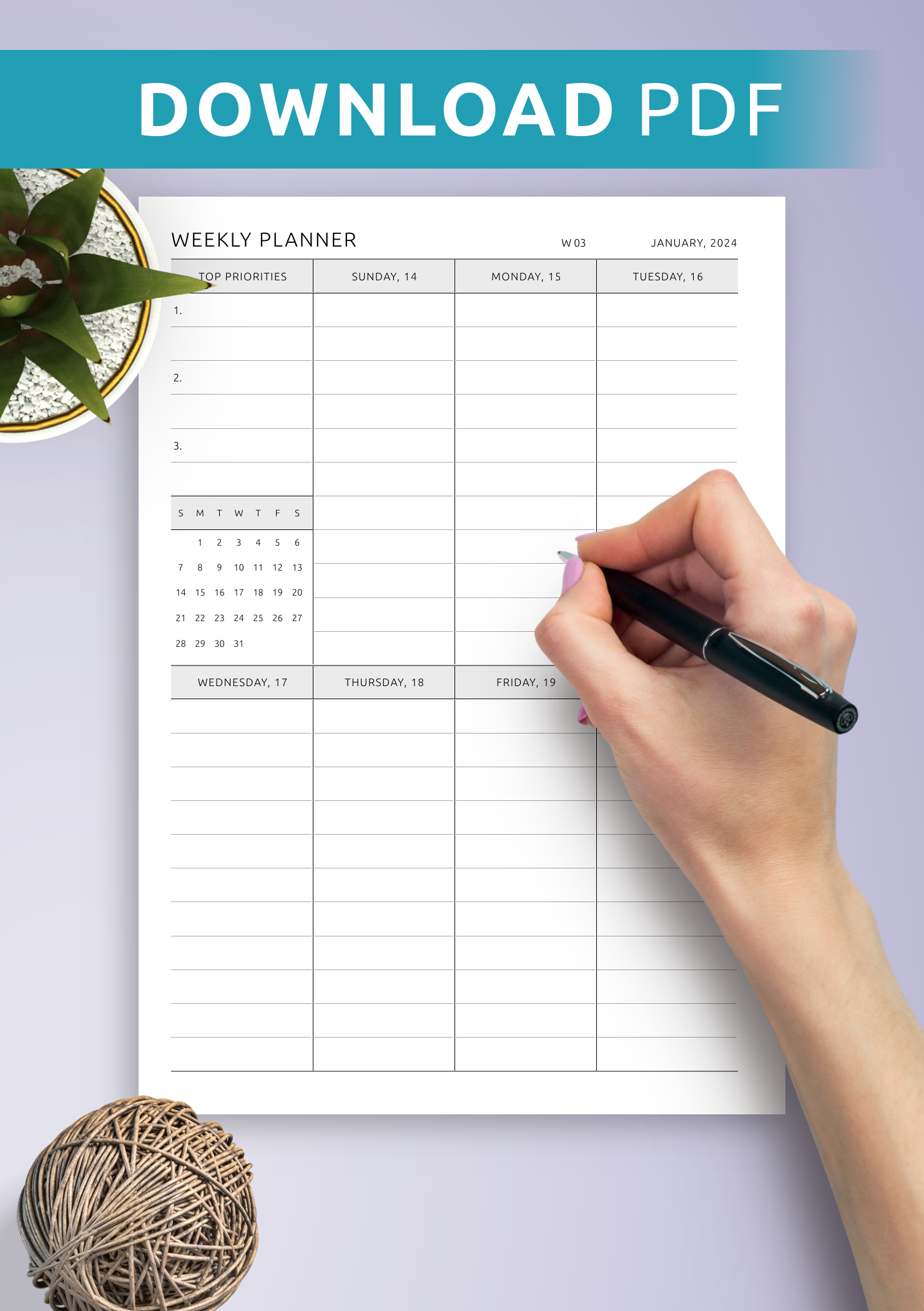 Download Printable Or Digital One Page Weekly Schedule All Days Equal Size PDF