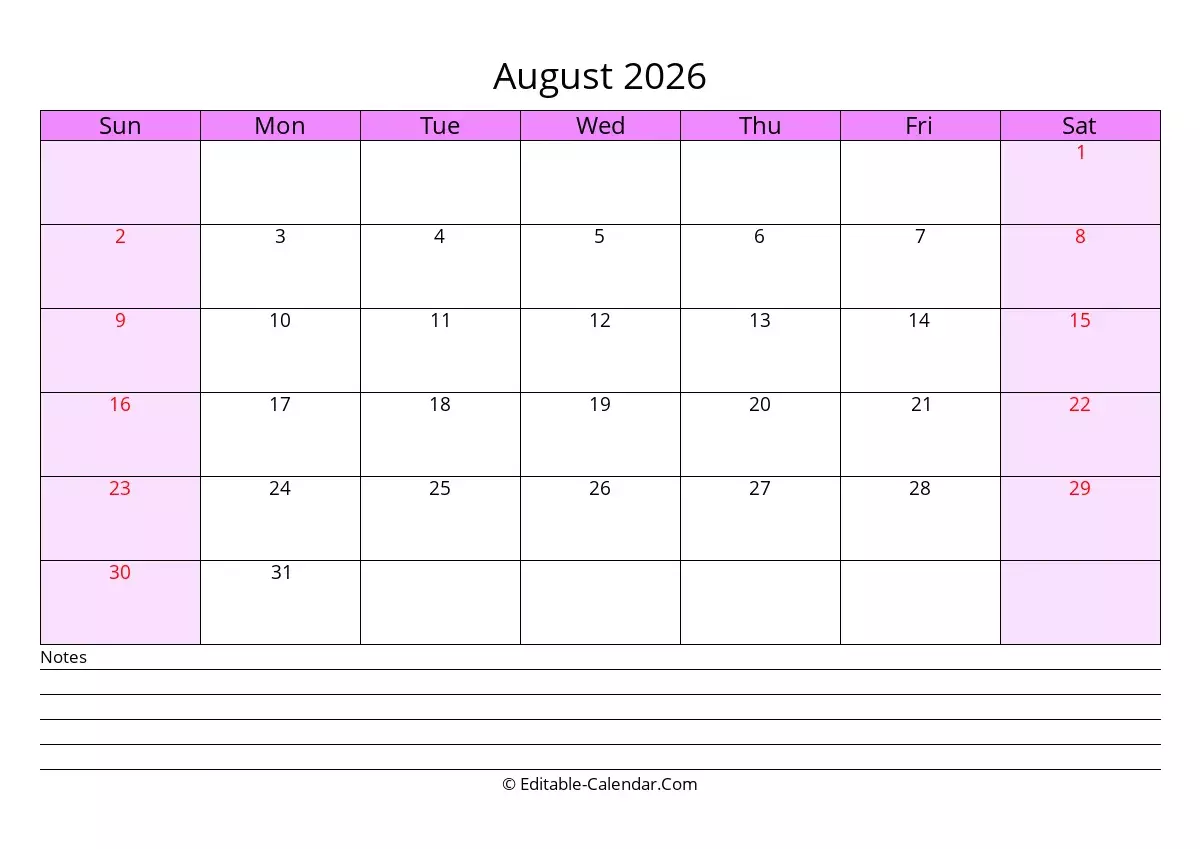Editable Calendar August 2026 In Excel Word PDF
