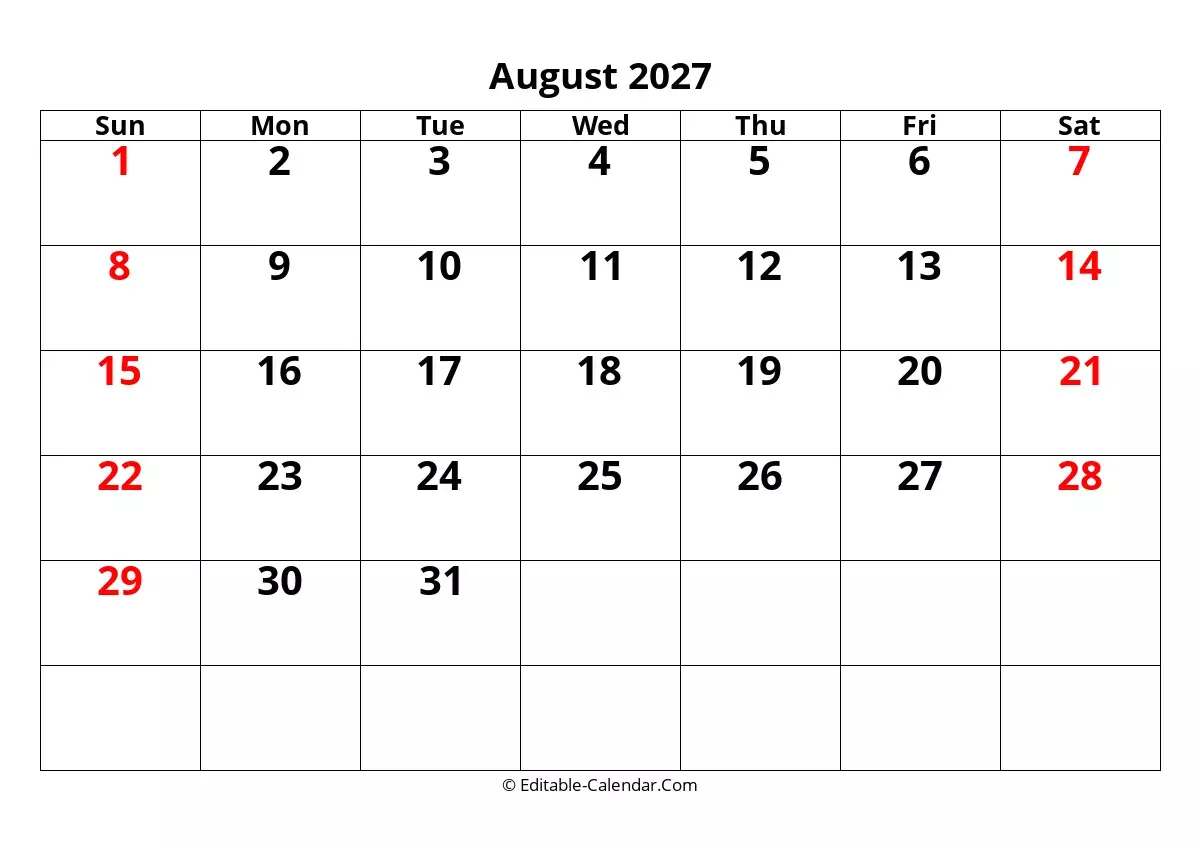 Editable Calendar August 2027 In Excel Word PDF