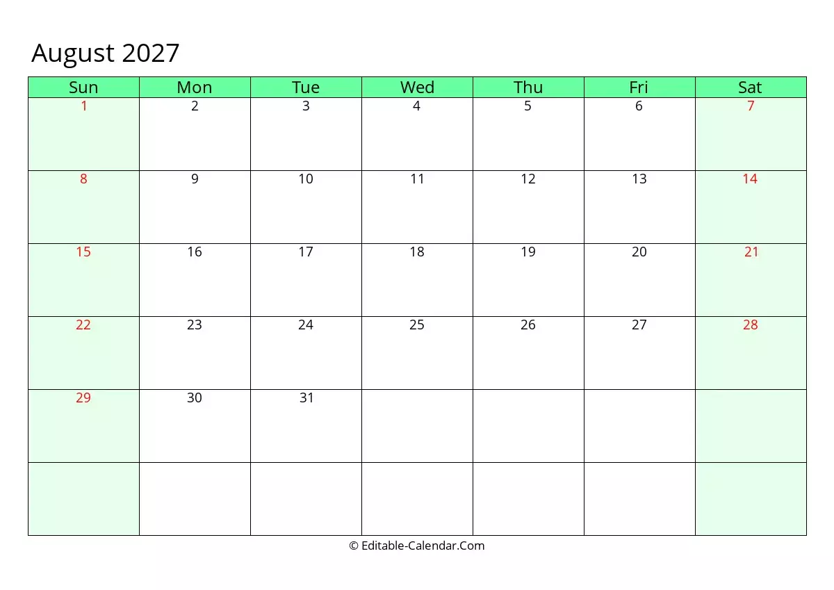 Editable Calendar August 2027 In Excel Word PDF