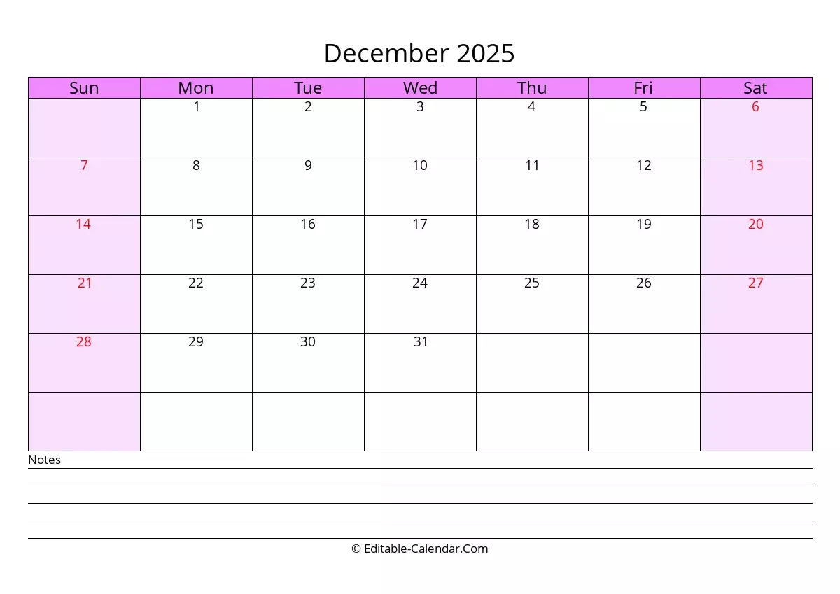 Editable Calendar December 2025 In Excel Word PDF