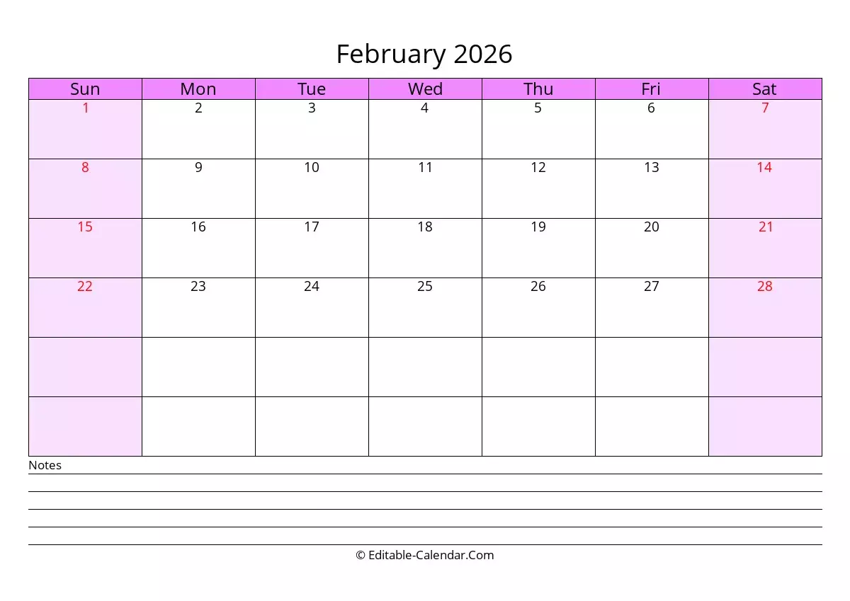 Editable Calendar February 2026 In Excel Word PDF