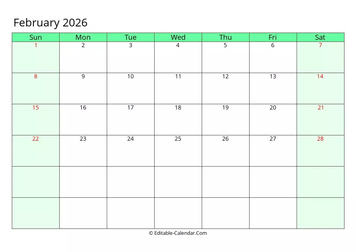 Calendar February 2026 Printable