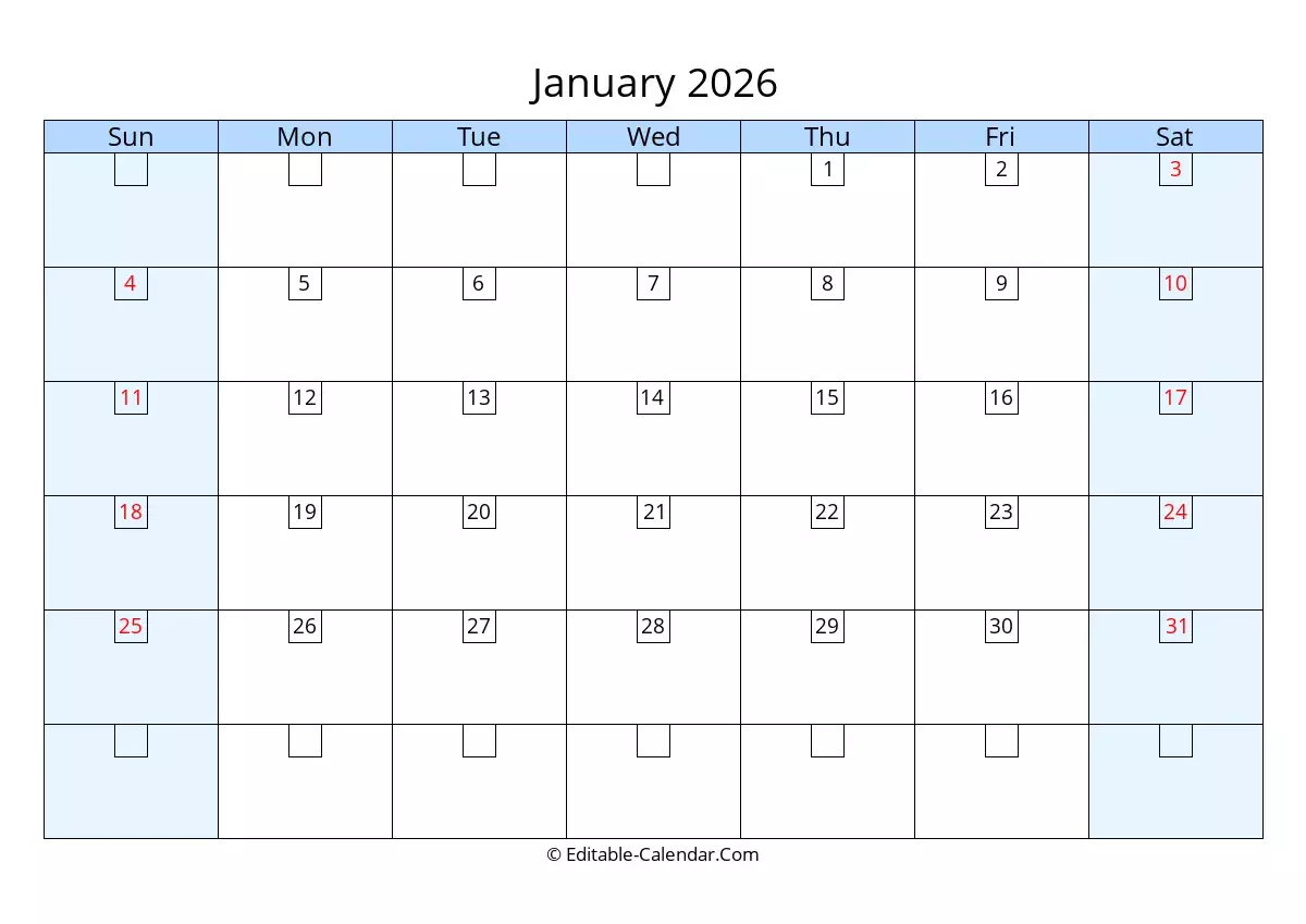 Editable Calendar January 2026 In Excel Word PDF