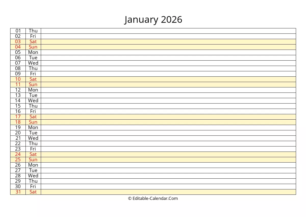 Editable Calendar January 2026 In Excel Word PDF