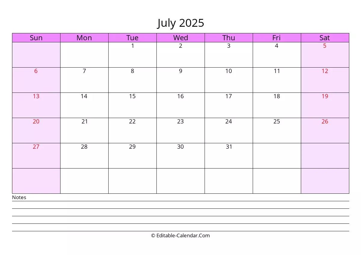 Editable Calendar July 2025 In Excel Word PDF