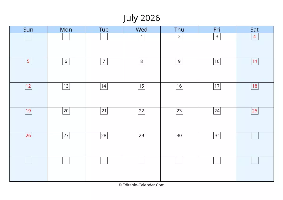 Editable Calendar July 2026 In Excel Word PDF Editable Calendar July 2026 In Excel Word PDF