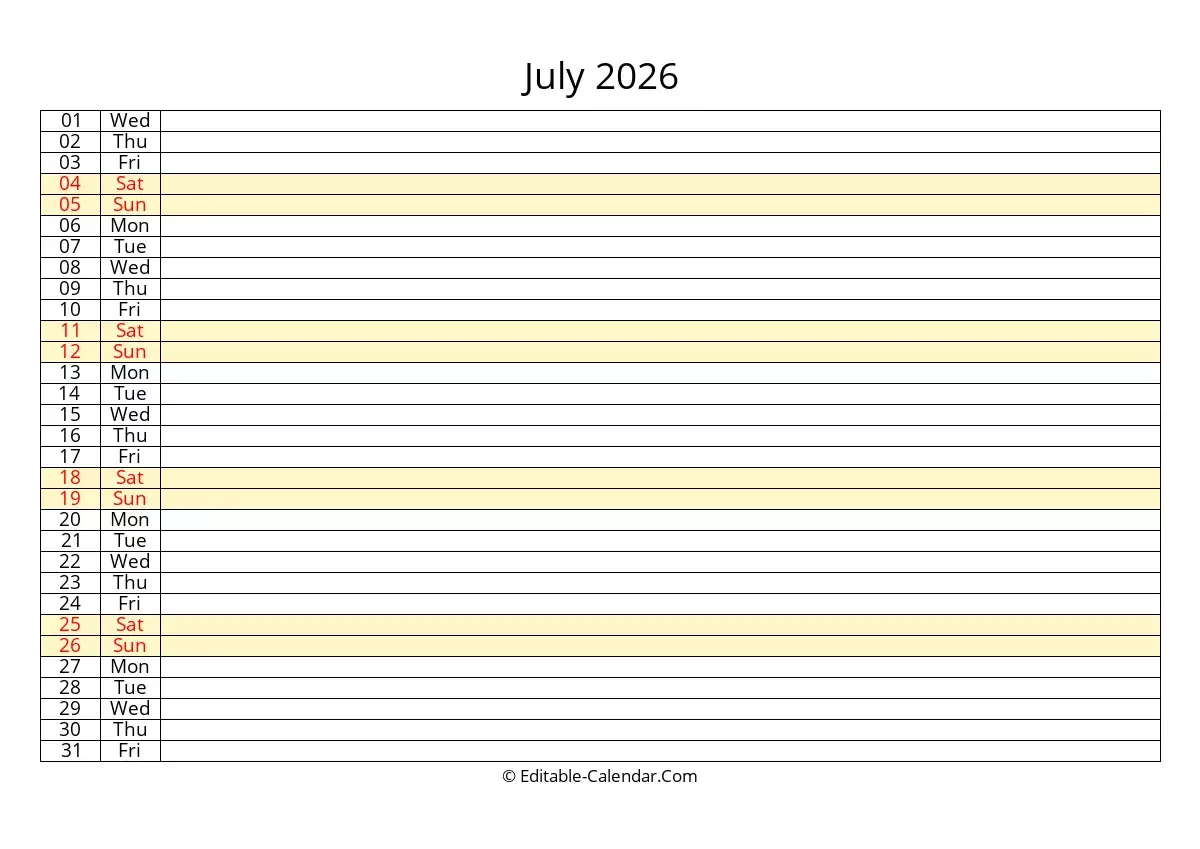 Editable Calendar July 2026 In Excel Word PDF