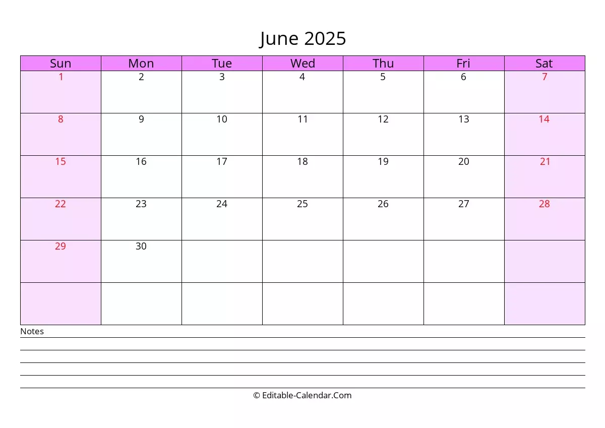 Editable Calendar June 2025 In Excel Word PDF