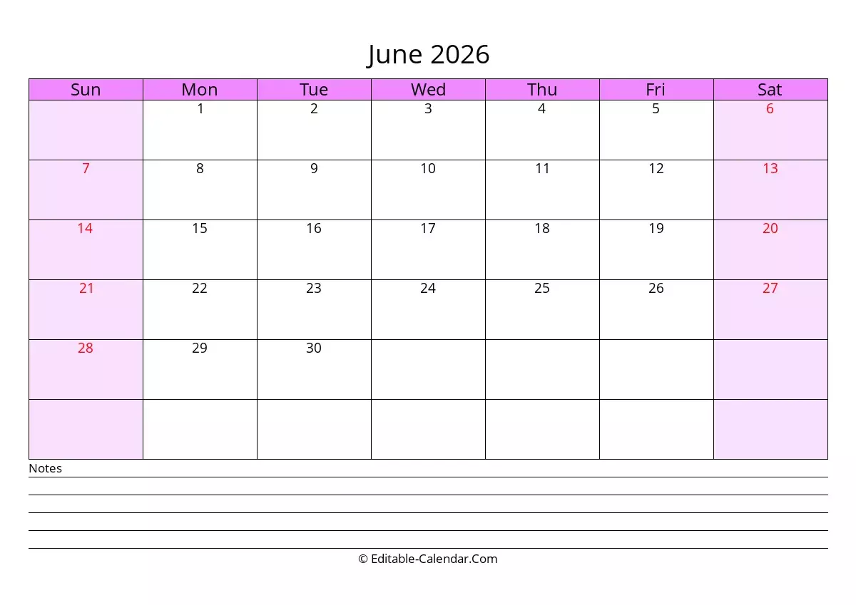 Editable Calendar June 2026 In Excel Word PDF