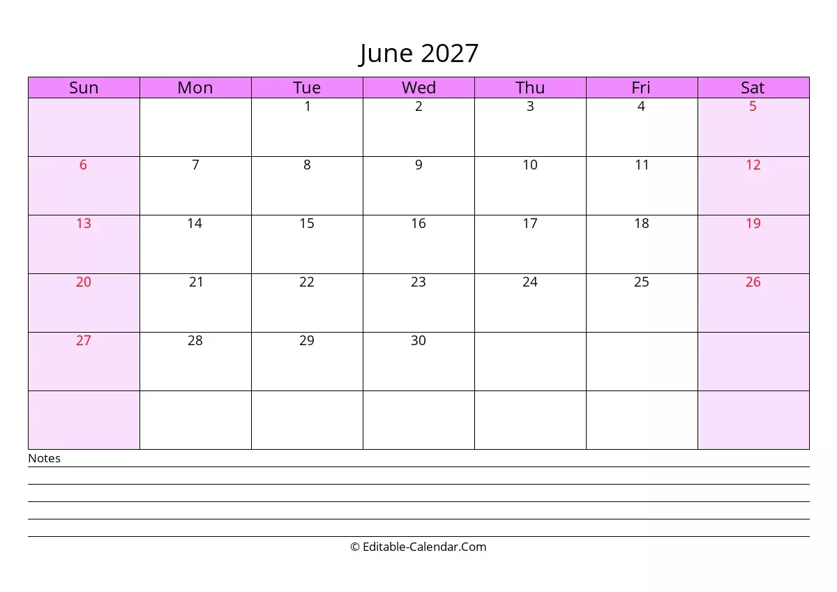 June July August 2027 Calendar Printable Editable