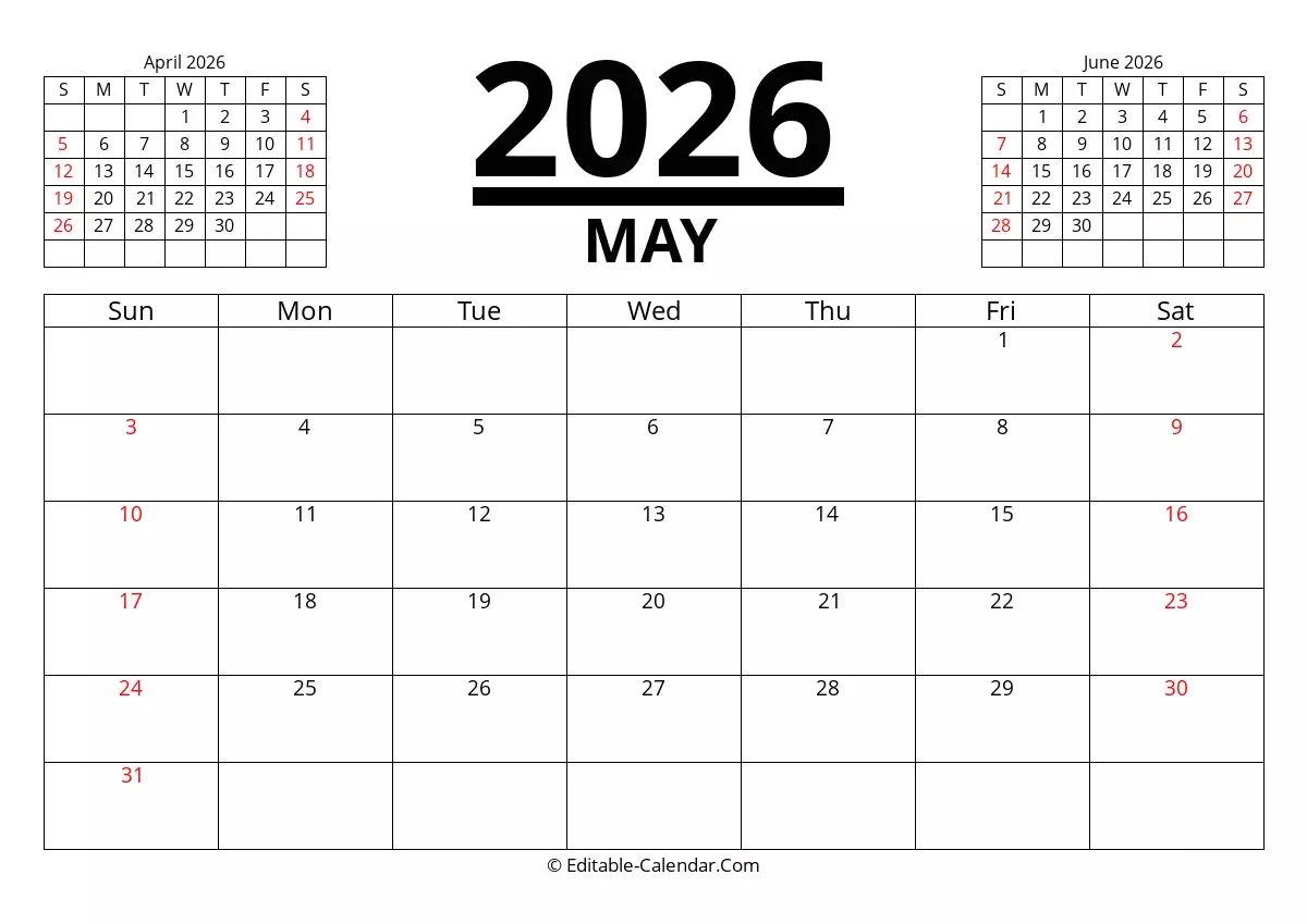Editable Calendar May 2026 In Excel Word PDF