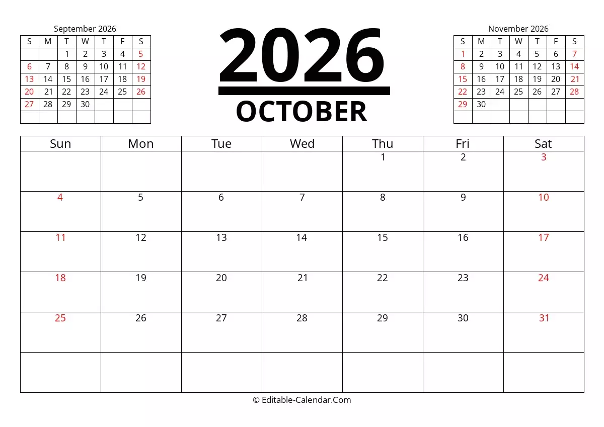 Editable Calendar October 2026 In Excel Word PDF