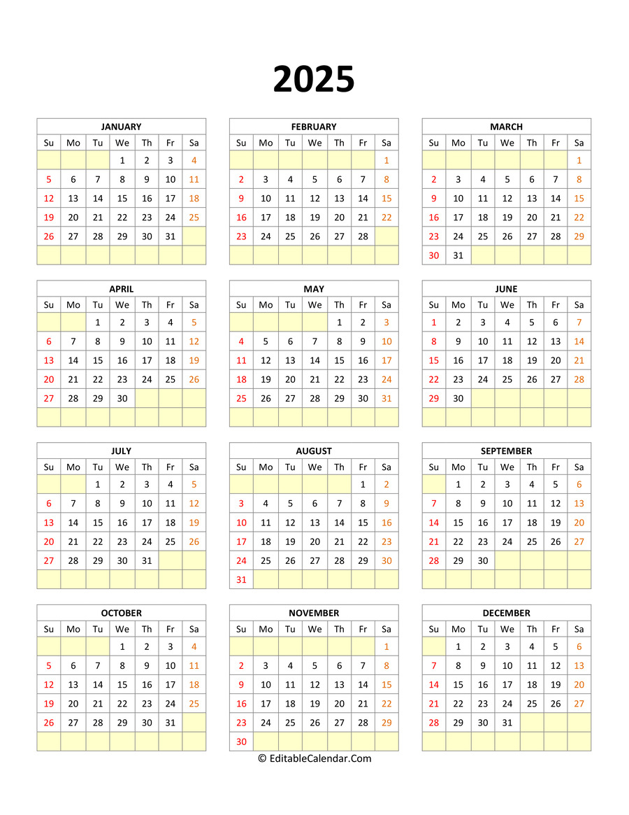 Editable Calendar Template 2025 Editable Calendar Template 2025