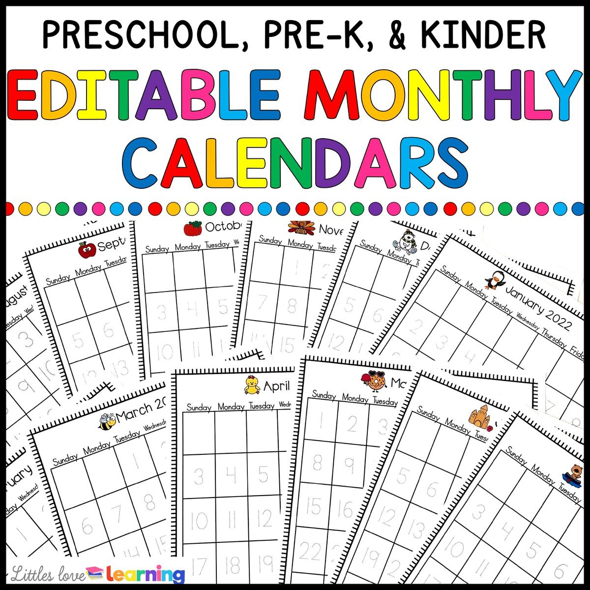 Editable Monthly Calendars For Preschool Kindergarten