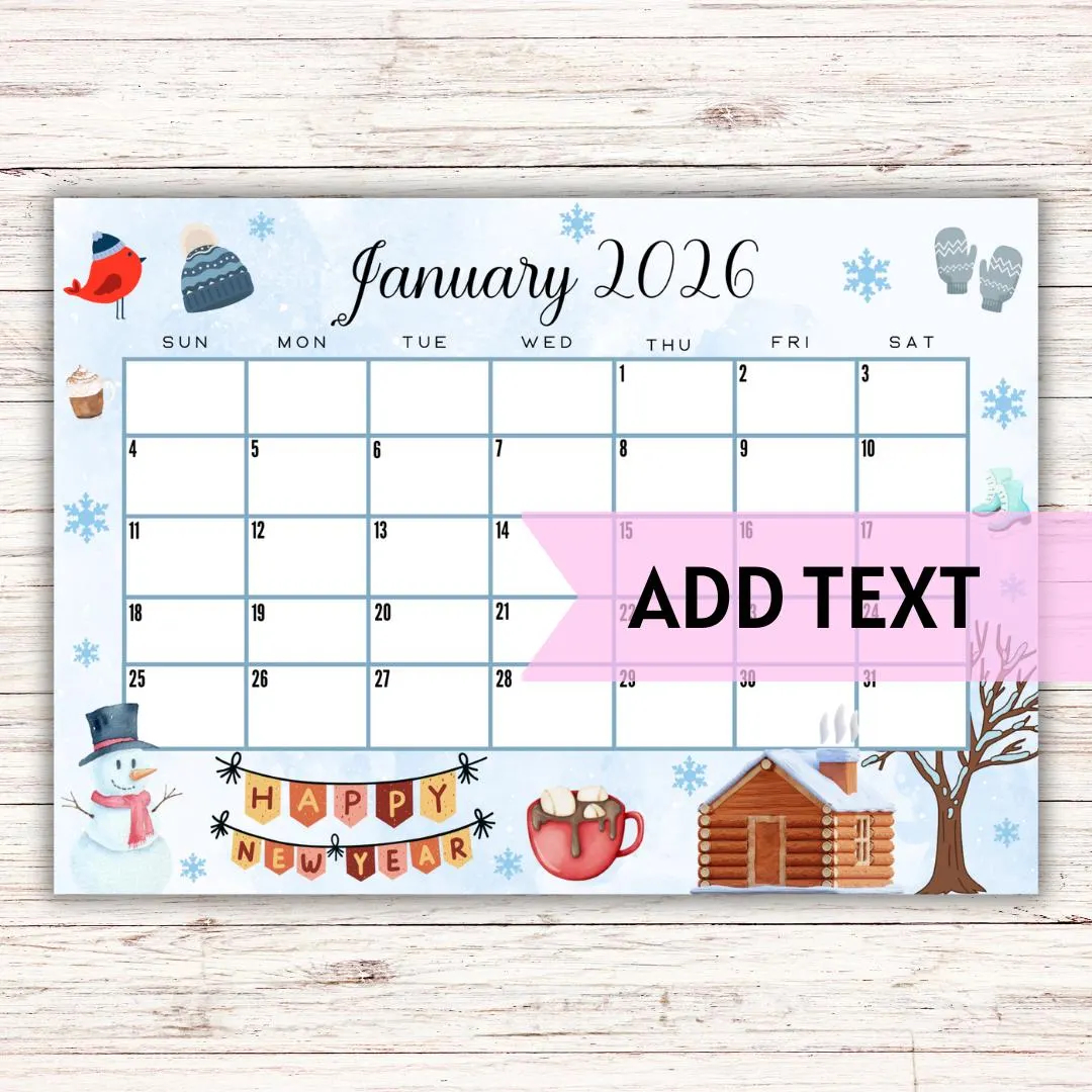 EDITABLE Printable January 2026 Calendar Beautiful Winter And New Year s Day Themed Calendar Holiday Calendar January Calendar Etsy New Zealand