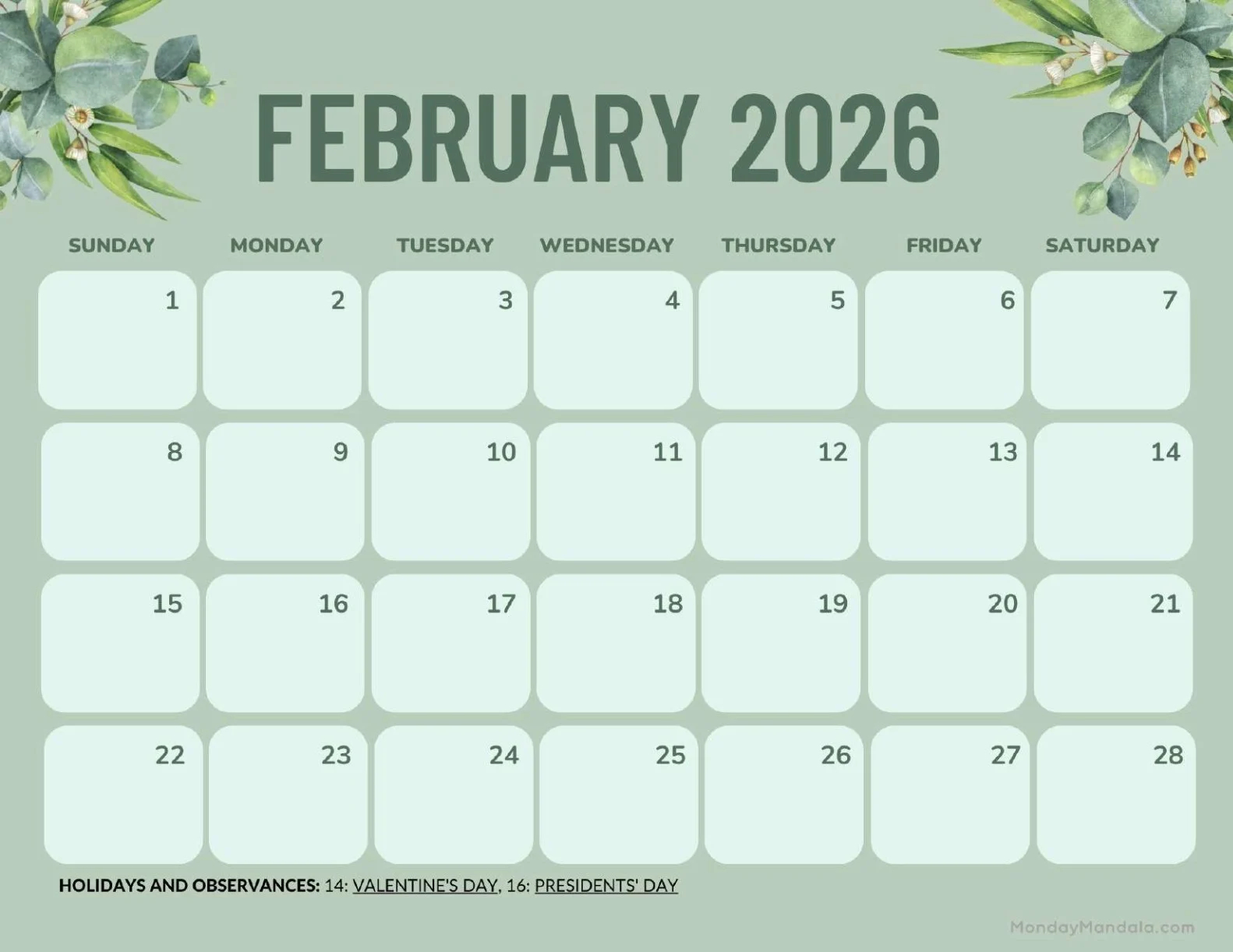 February 2026 Calendar Printable Free
