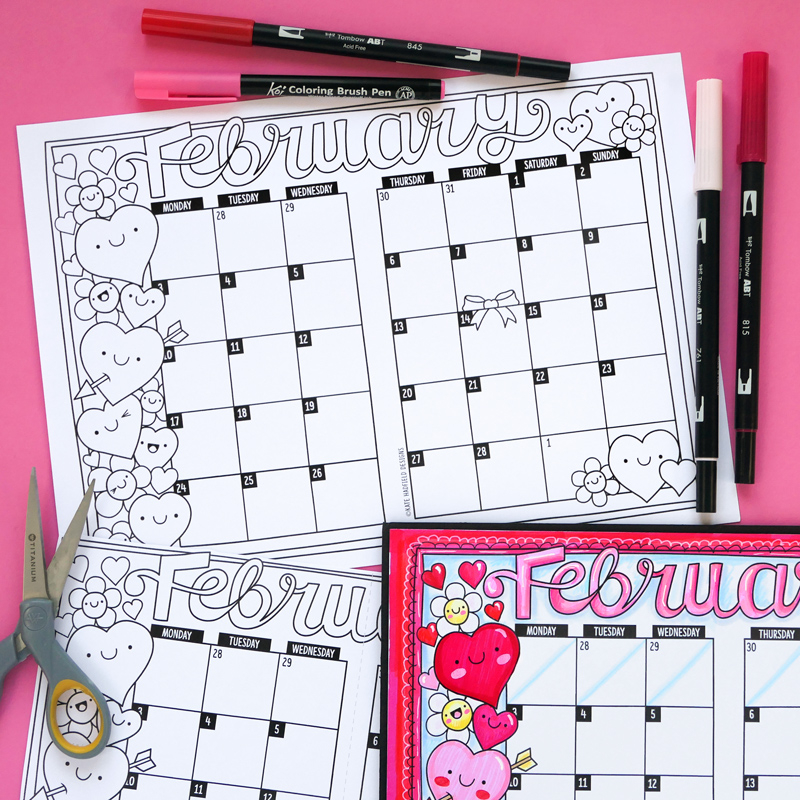 February Bullet Journal Calendar Printable Kate Hadfield Designs
