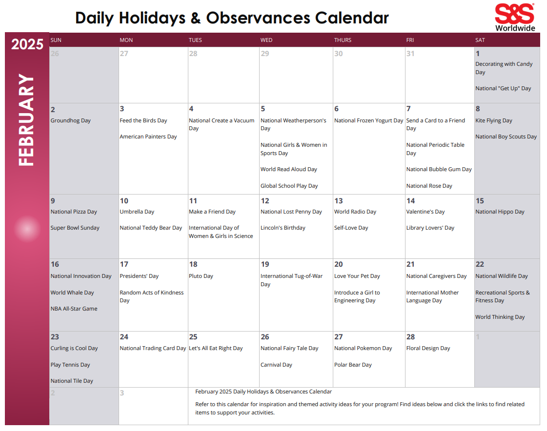 February Daily Holidays Observances Printable Calendar S S Blog