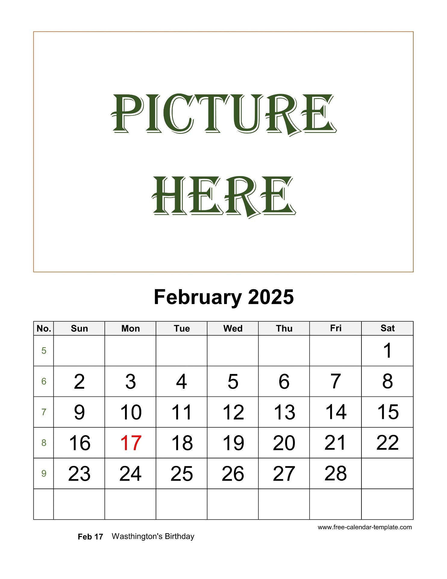 February Printable 2025 Calendar Space For Add Picture vertical Free Calendar template