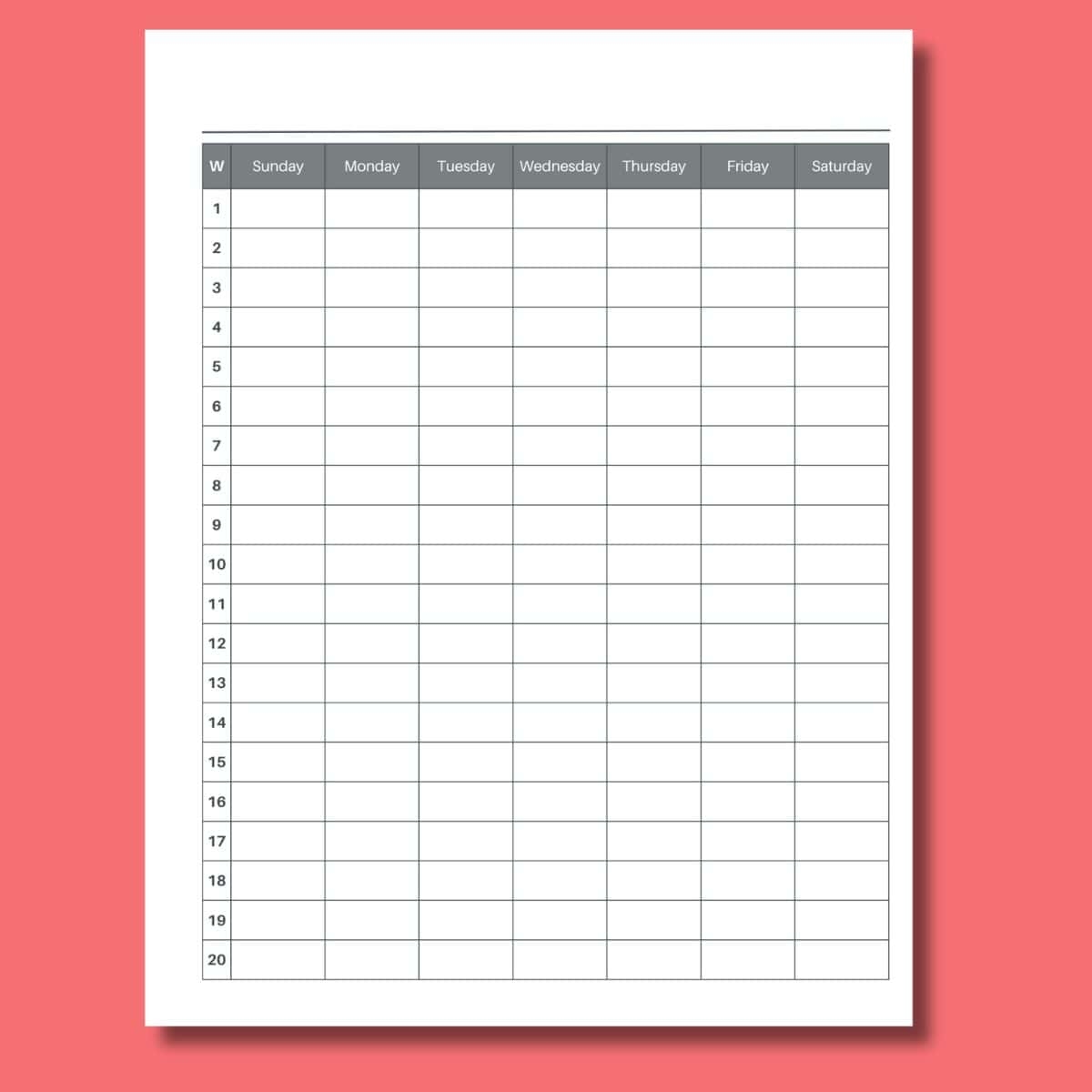 Free 20 Week Calendar Printable