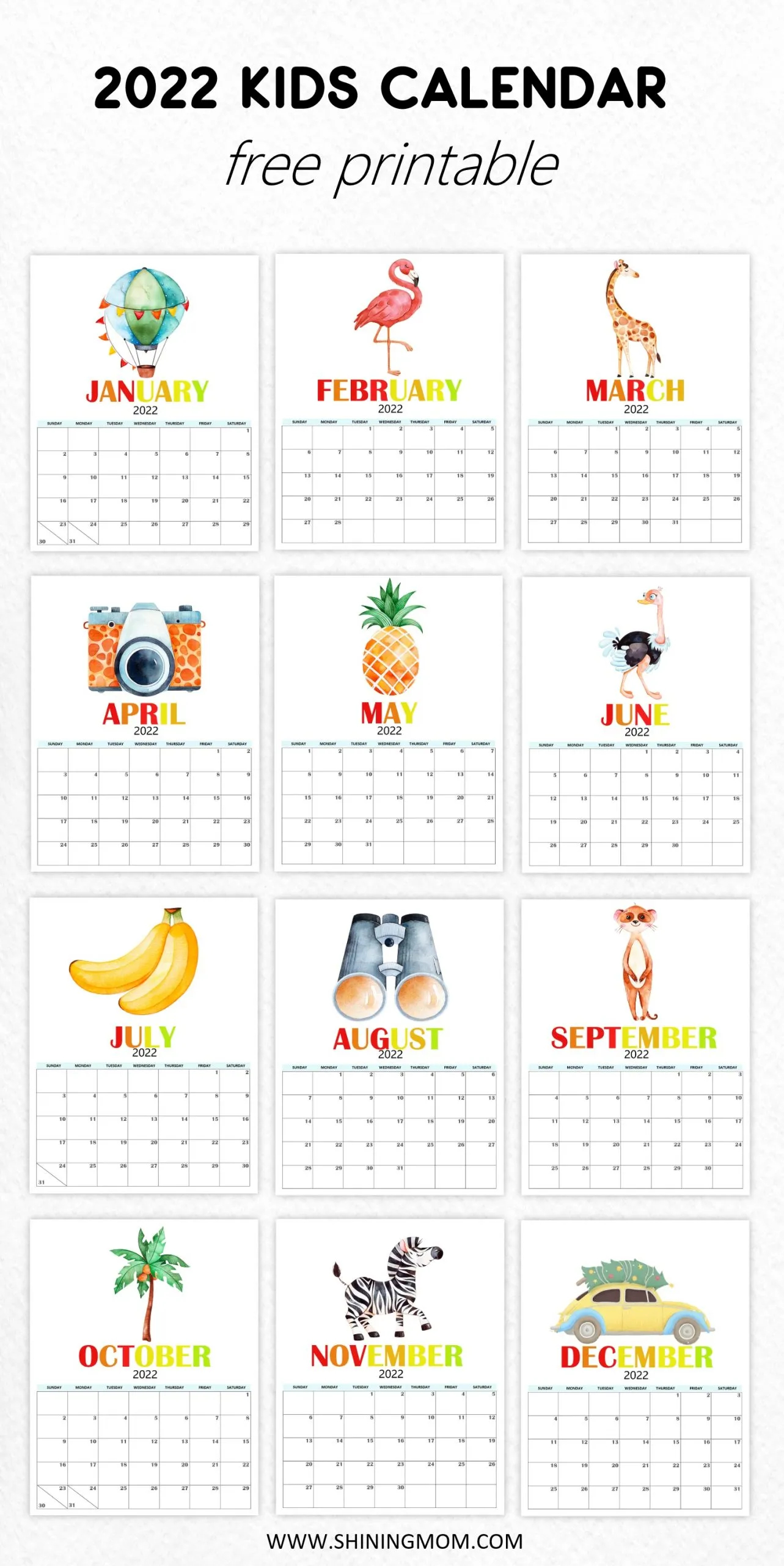 FREE 2022 Printable Calendar For Kids Cute And Fun Theme 