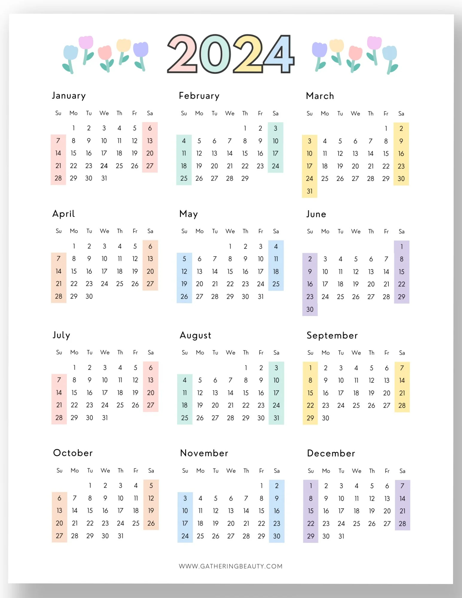 Free 2024 Printable Calendar One Page Gathering Beauty