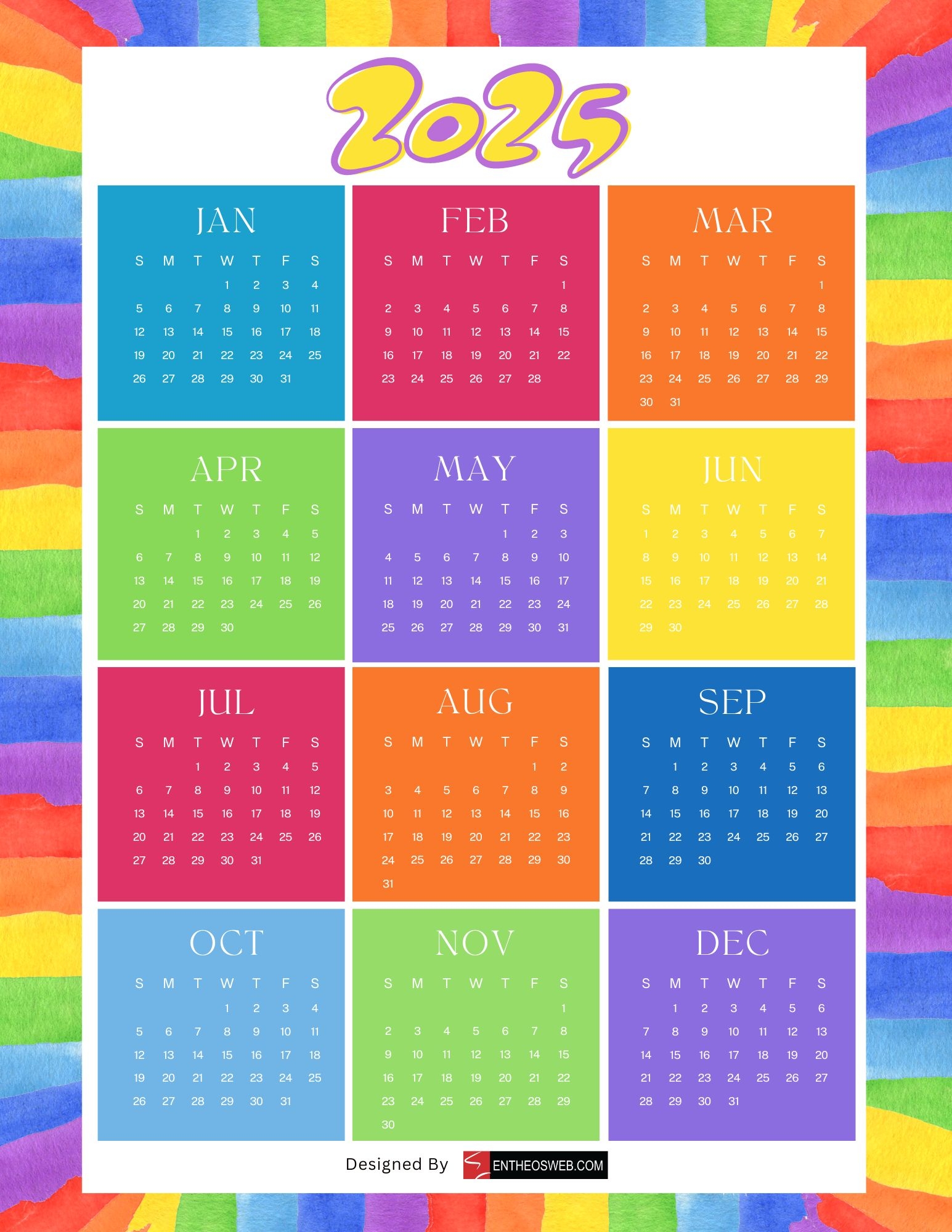 Monthly Calendar 2025 Printable Free Colorful