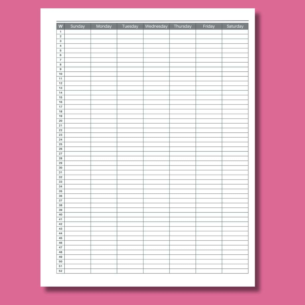 Free 52 Week Calendar Printable Free 52 Week Calendar Printable
