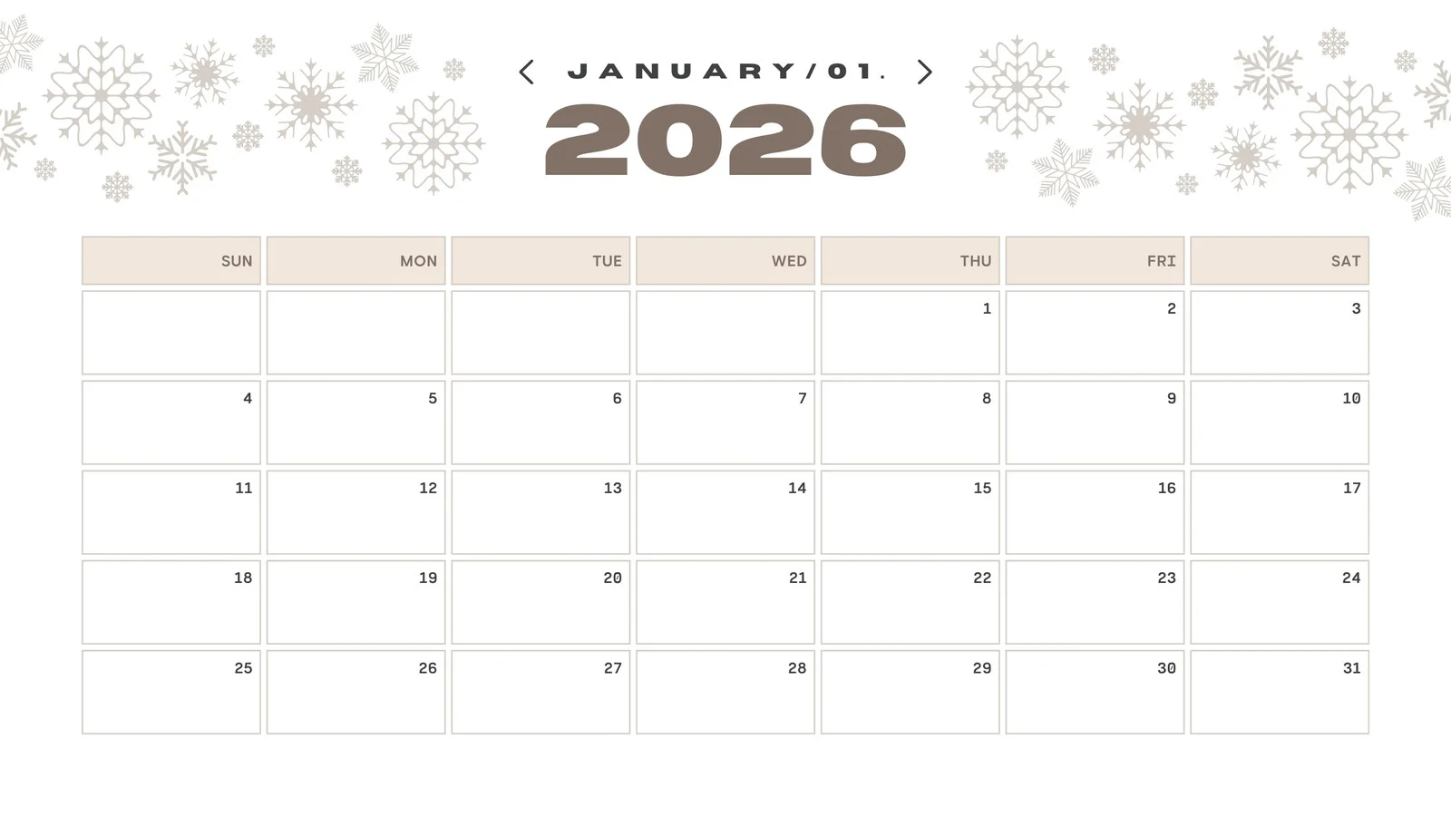 Free Printable January 2026 Calendar