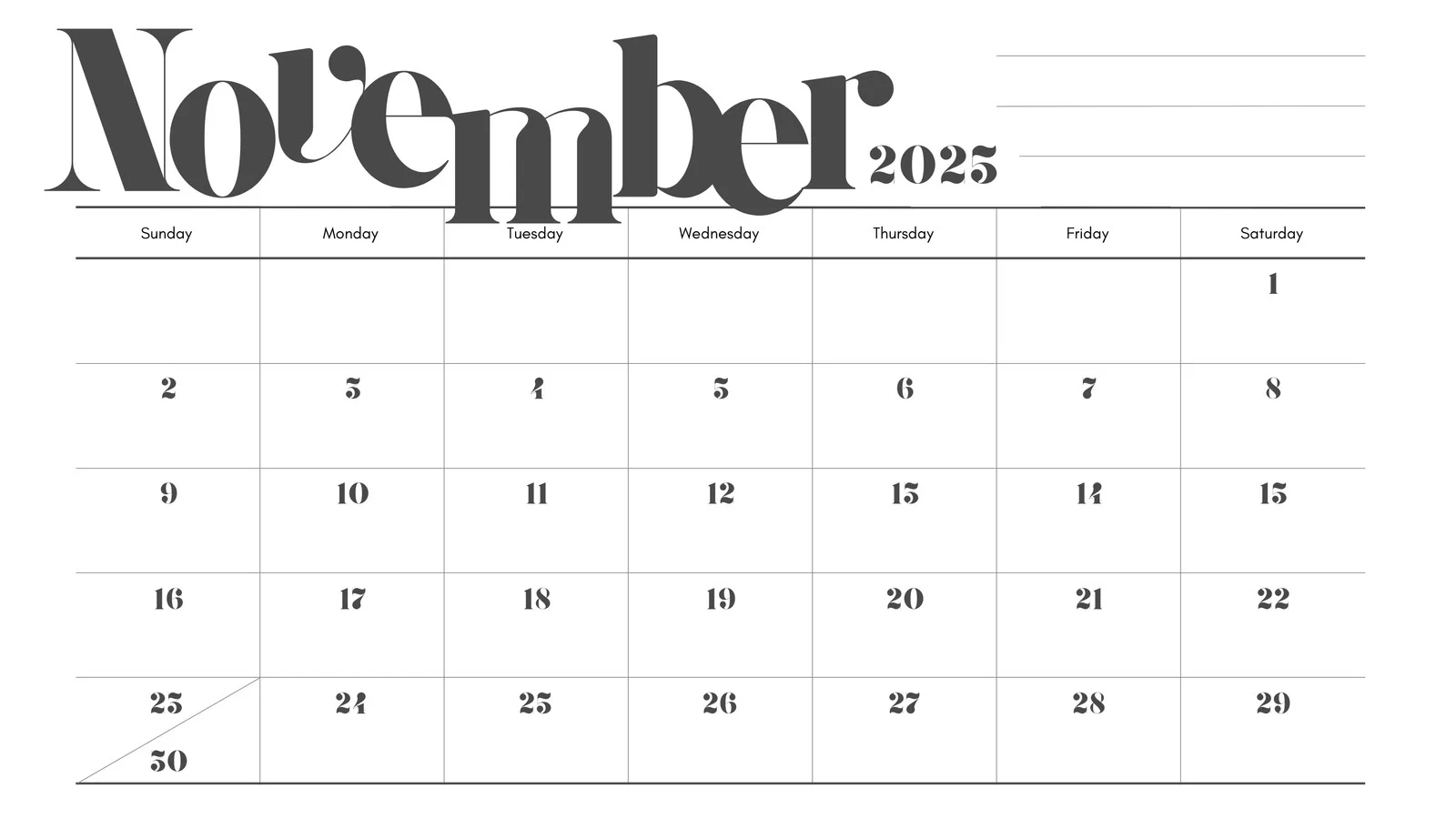 Printable Colorful November Calendar 2025
