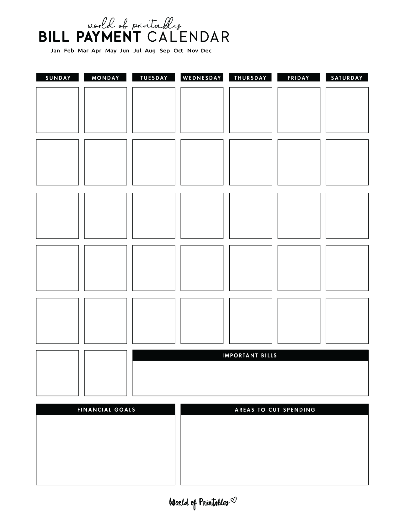 Printable Bill Due Date Calendar