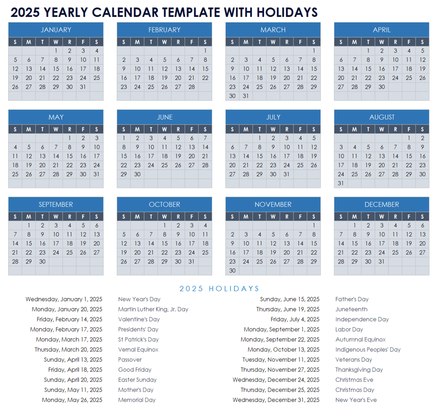 2025 Yearly Calendar Printable With Holidays