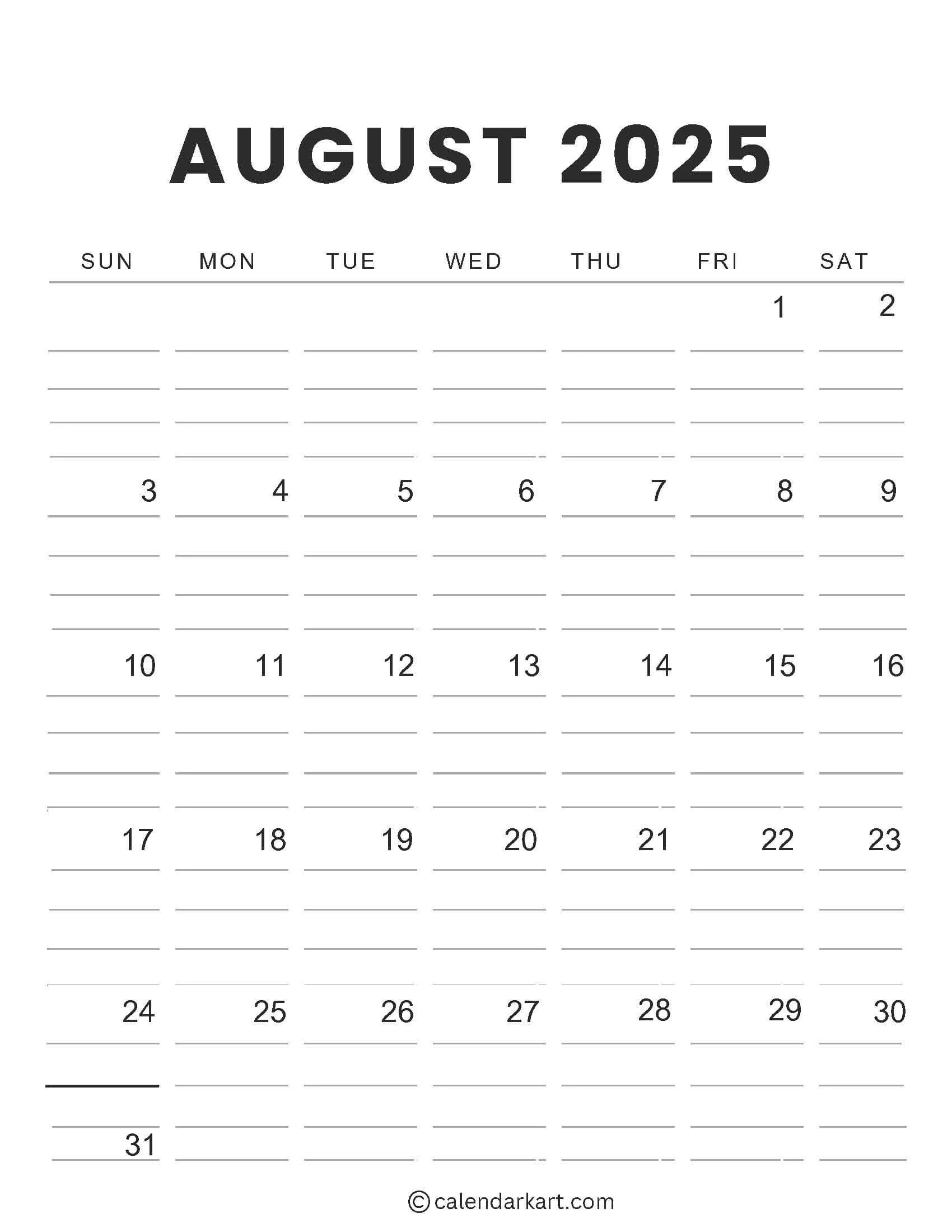 Month Of August Calendar Printable