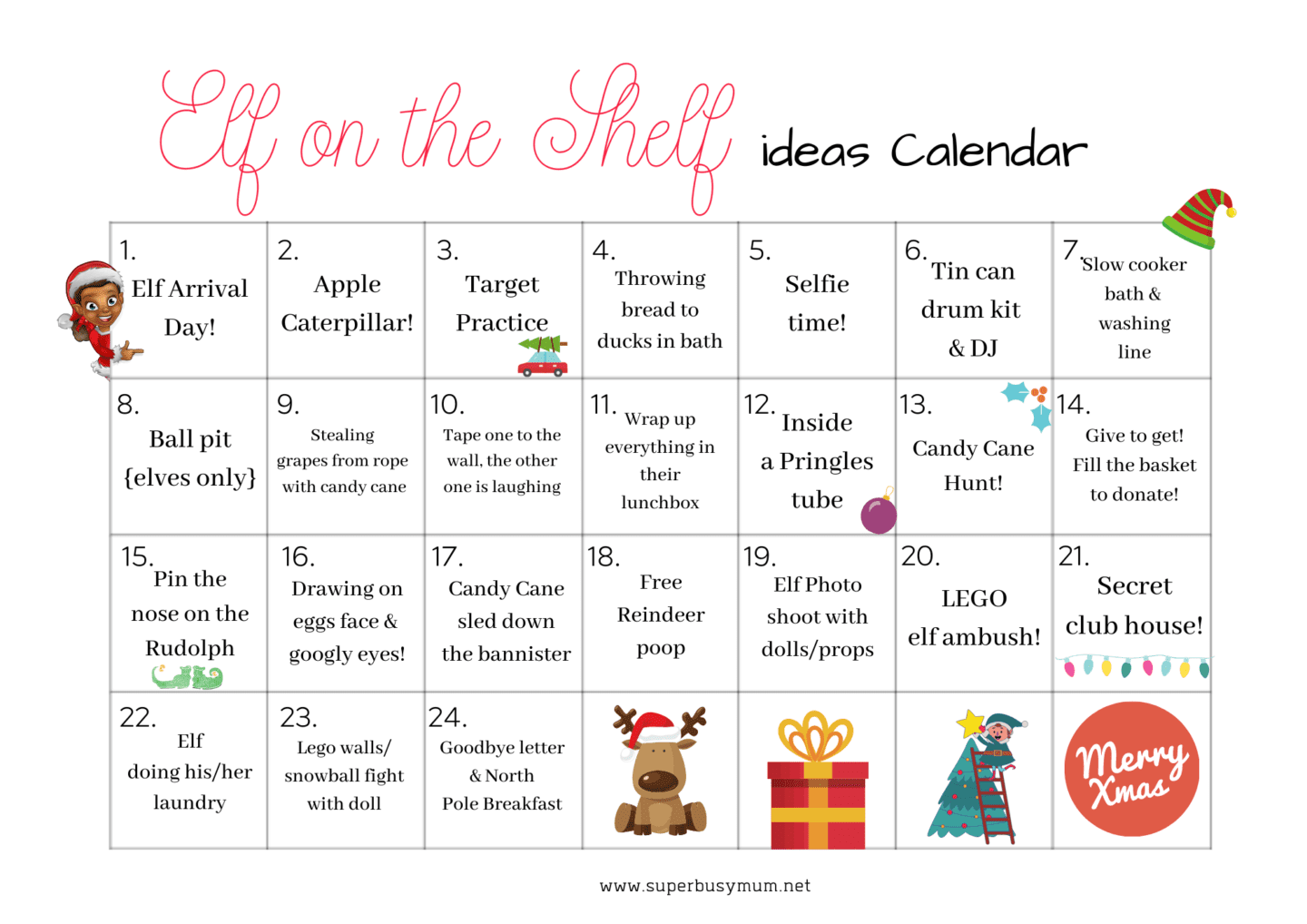 Free Elf On The Shelf Calendar Printable Super Busy Mum Northern Irish Blogger