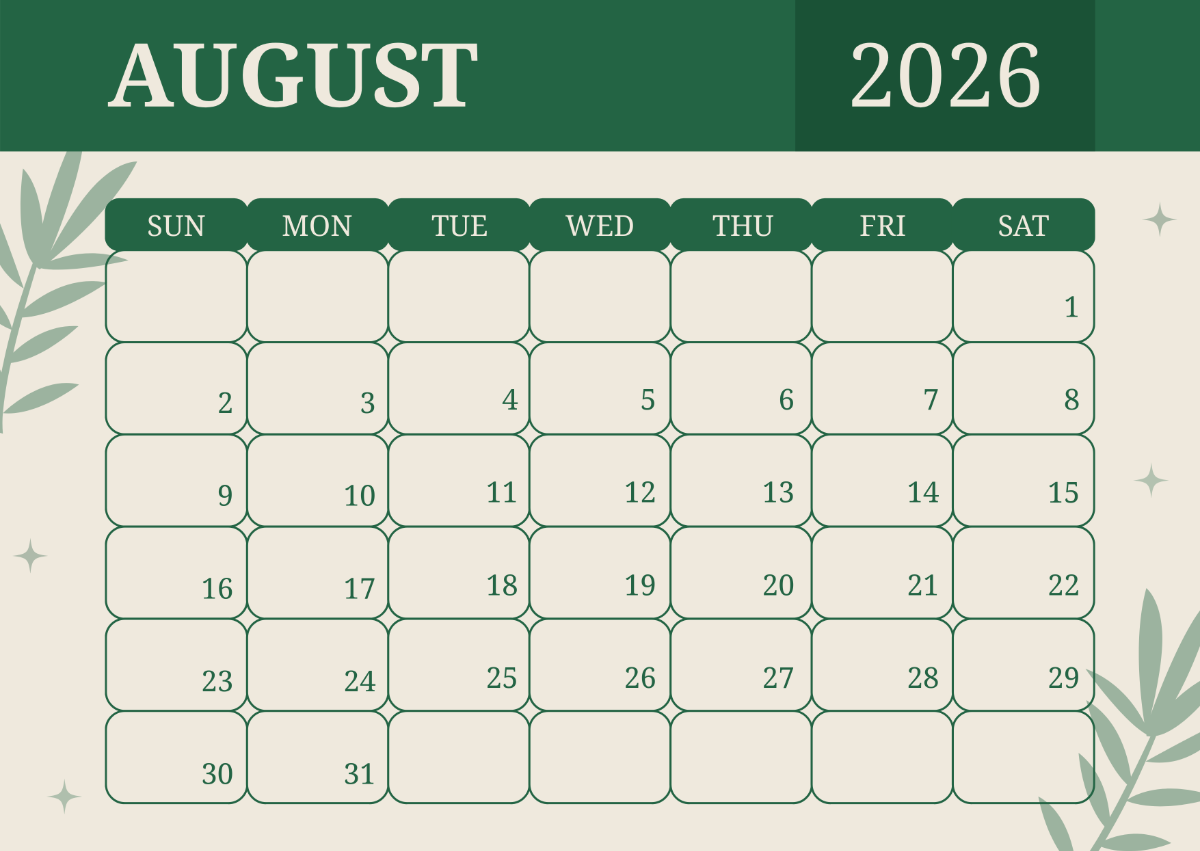 Blank Calendar For August 2026 Printable