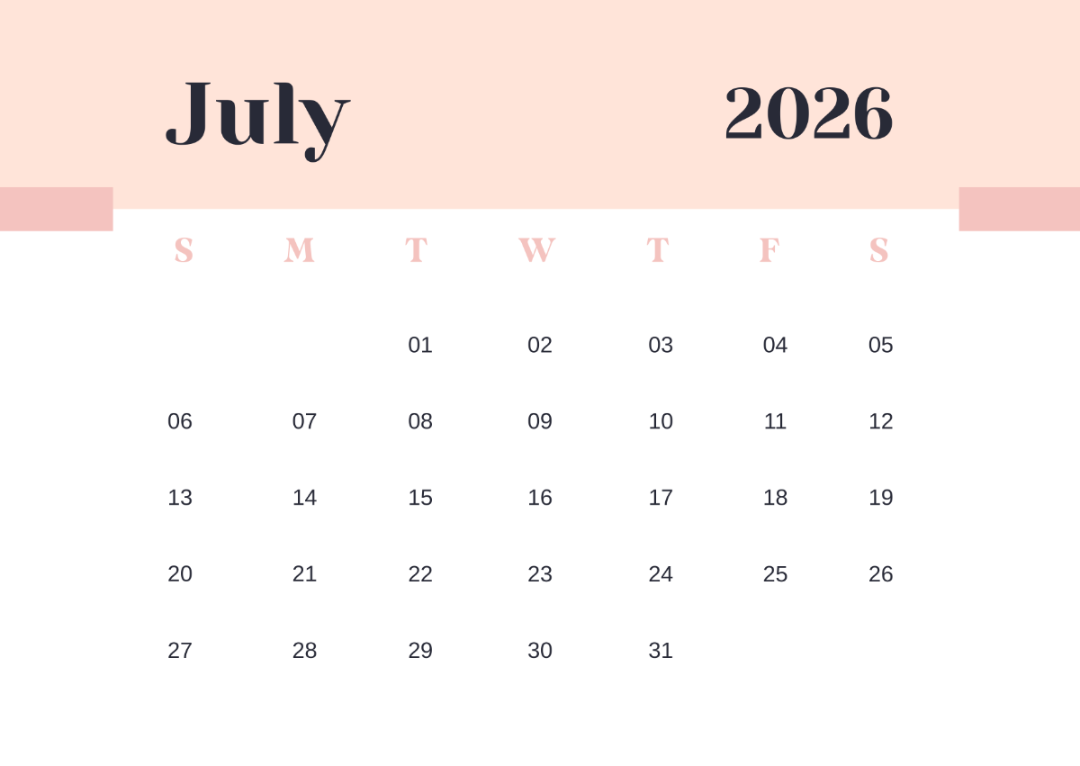 Printable Calendar July 2026 Free