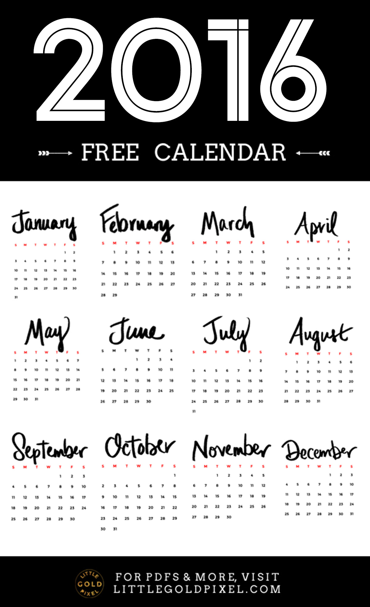 Free Minimalist 2016 Printable Calendar Little Gold Pixel