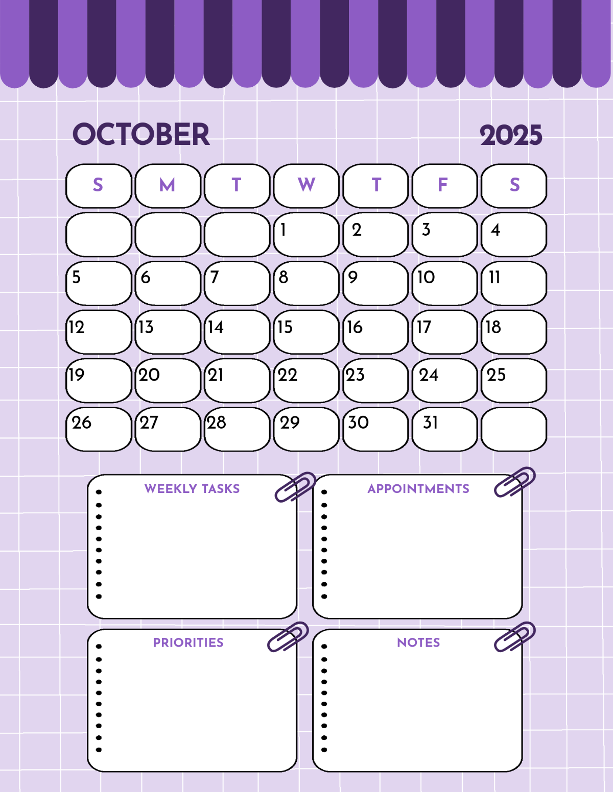October 2025 Weekly Calendar Printable