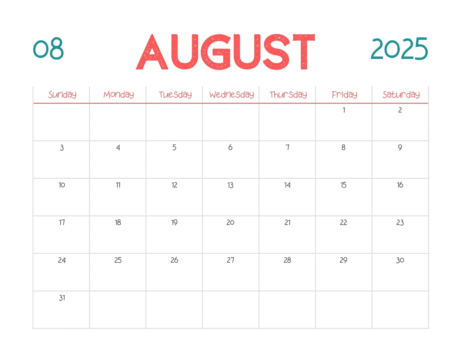 Free Printable August 2025 Calendar Templates Canva