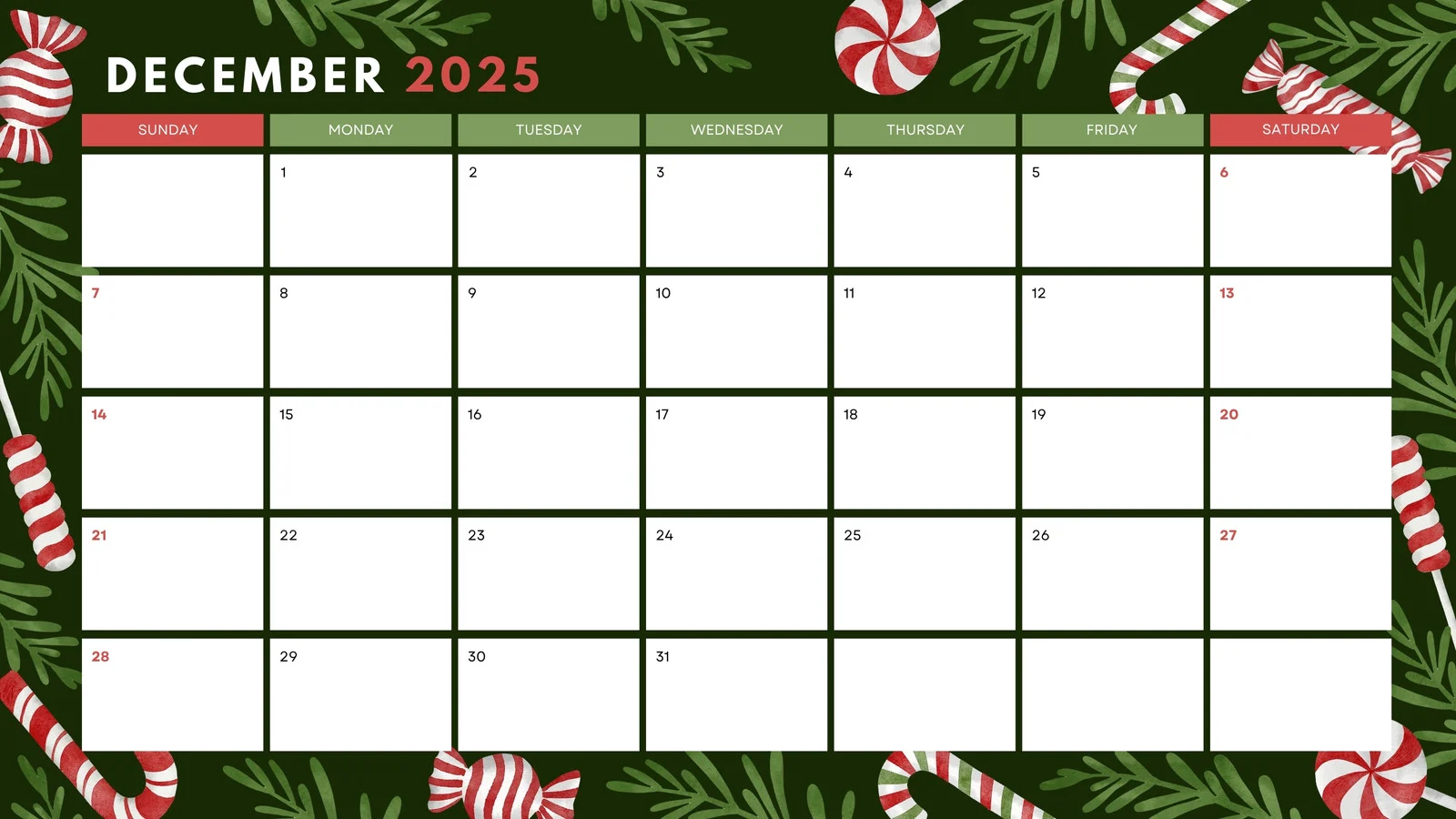 December 2025 Calendar Christmas Theme Printable
