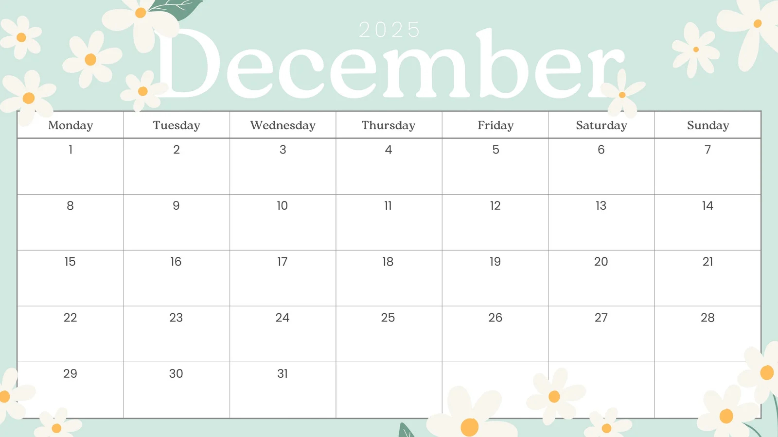 December 2025 Blank Calendar Printable