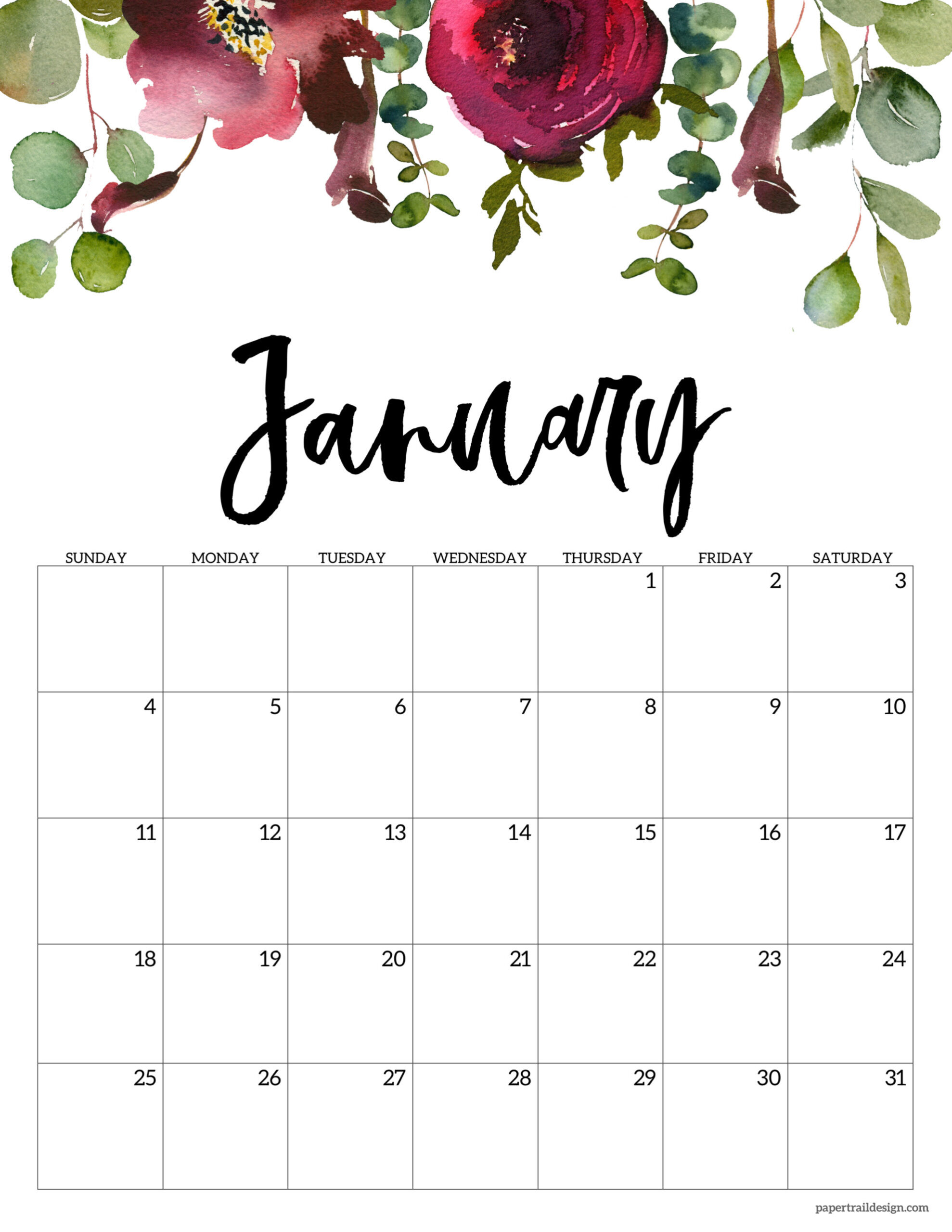 free printable floral calendar 2026 paper trail design