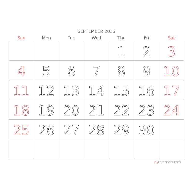 5 X 8 Printable One Month Calendar