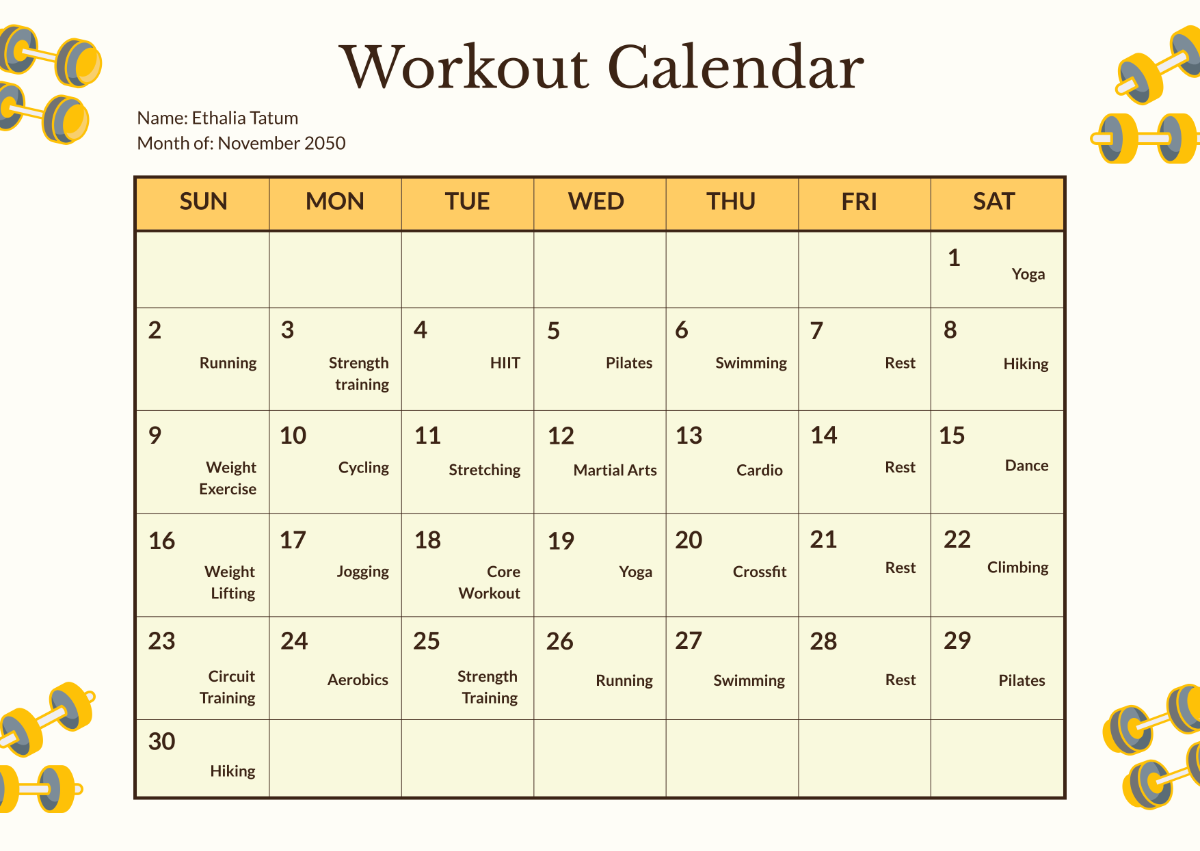 Free Printable Fitness Calendar 2025